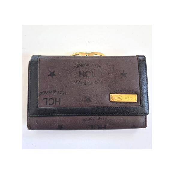 HCL Leather Goods Wallet ID Holder Change Purse Brown Black Trim Logo - Picture 1 of 9